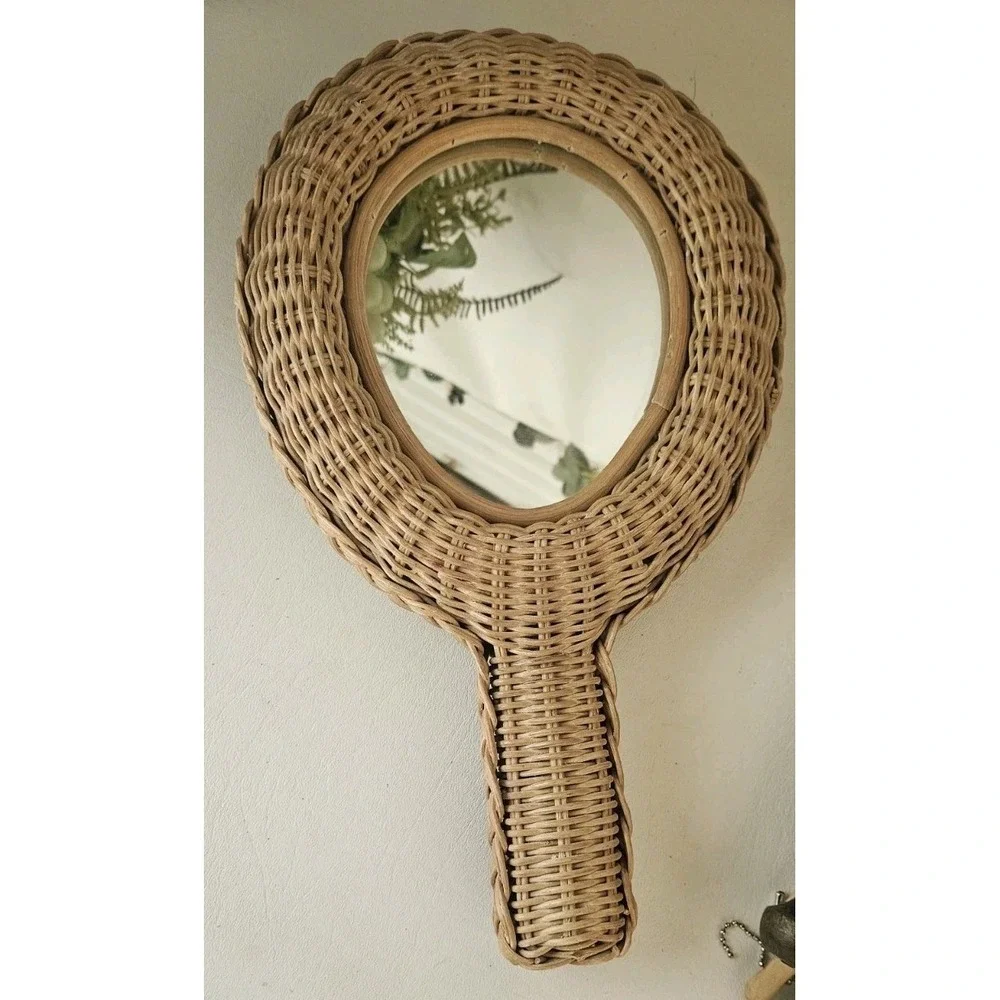 Wicker Rattan Hand Held Mirror Two Sided Vintage 1970's Woven/Braided